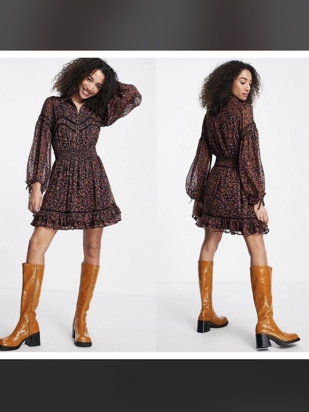 Topshop Black Floral Smocked Mini Dress